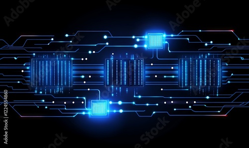 Blue circuit board data flow on dark background