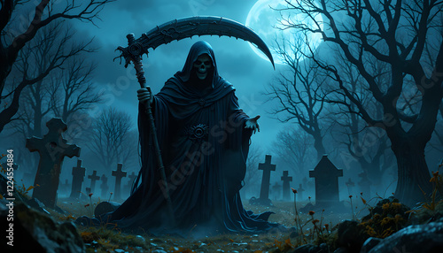 Grim reaper with haunted, creepy graveyard.Digital art
