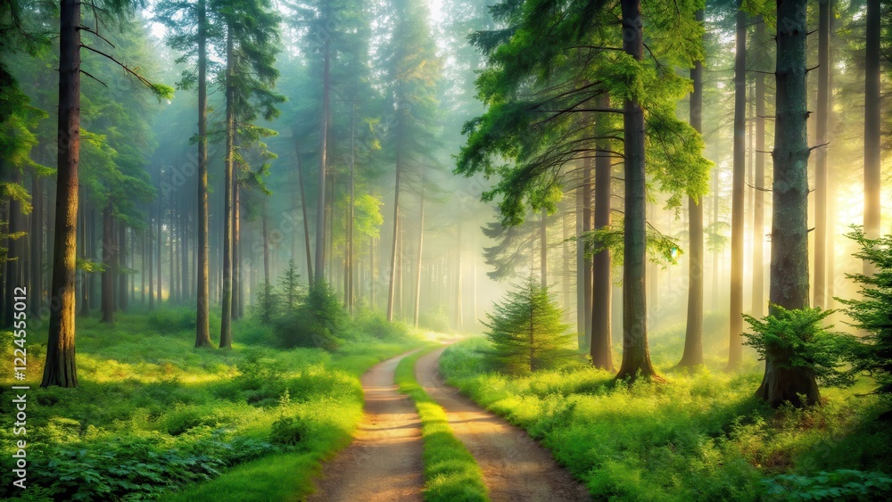Obraz premium A serene forest landscape with a misty morning atmosphere and tall trees in the background