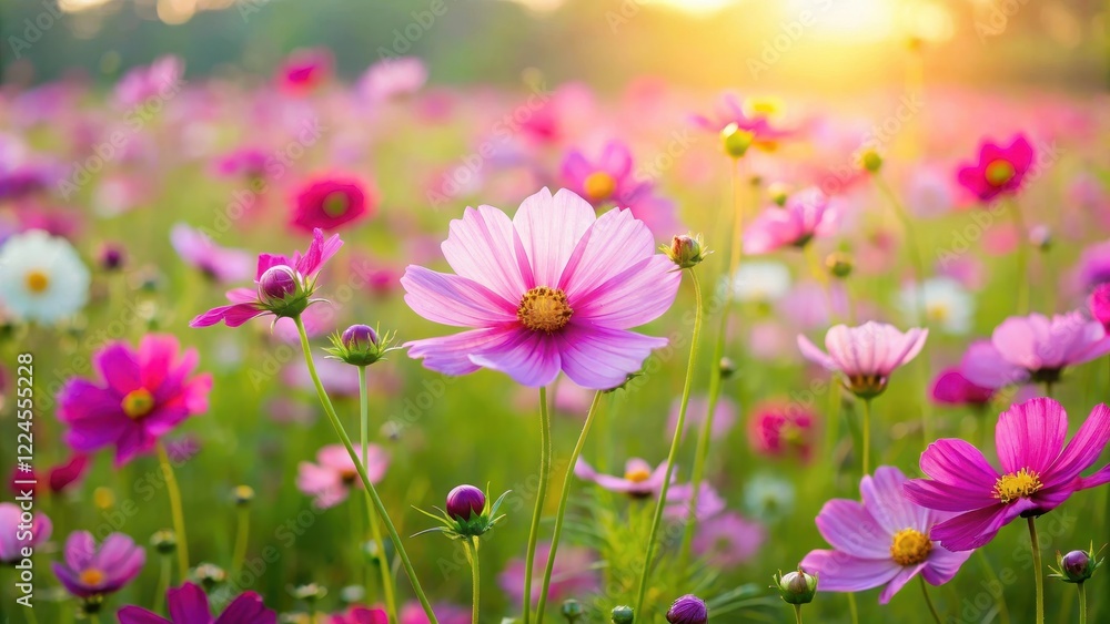 Endless rows of vibrant cosmos flowers swaying gently in the breeze amidst a lush green meadow, meadow scene, botanical garden Endless rows of vibrant cosmos flowers swaying gently in the breeze amidst a lush green meadow, meadow scene, botanical garden