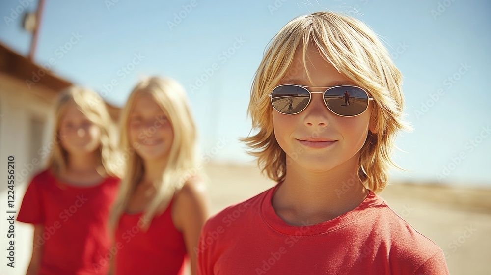 Boy in Sunglasses with Sisters in Background Boy in Sunglasses with Sisters in Background