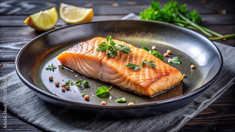 Pan-seared salmon fillet on a plate, salmon fillet, culinary art, salmon fillet, culinary art Pan-seared salmon fillet on a plate, salmon fillet, culinary art, salmon fillet, culinary art
