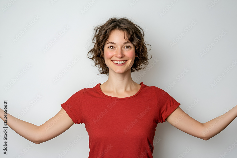 Smiling Woman Open Arms: A portrait of a young woman with curly brown hair, wearing a rust-colored t-shirt, smiles warmly with her arms outstretched, conveying a sense of openness and positivity. Smiling Woman Open Arms: A portrait of a young woman with curly brown hair, wearing a rust-colored t-shirt, smiles warmly with her arms outstretched, conveying a sense of openness and positivity.