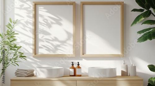 Minimalist Modern Bathroom Interior with Wooden Frames and Plants
