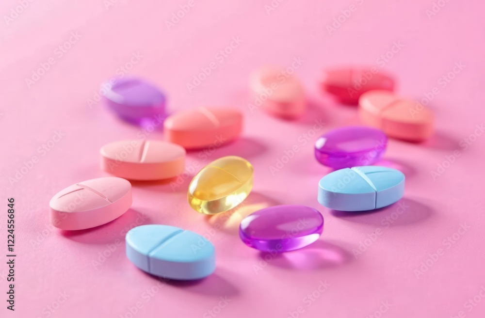 an assortment of vibrant pills and capsules on a pink surface an assortment of vibrant pills and capsules on a pink surface