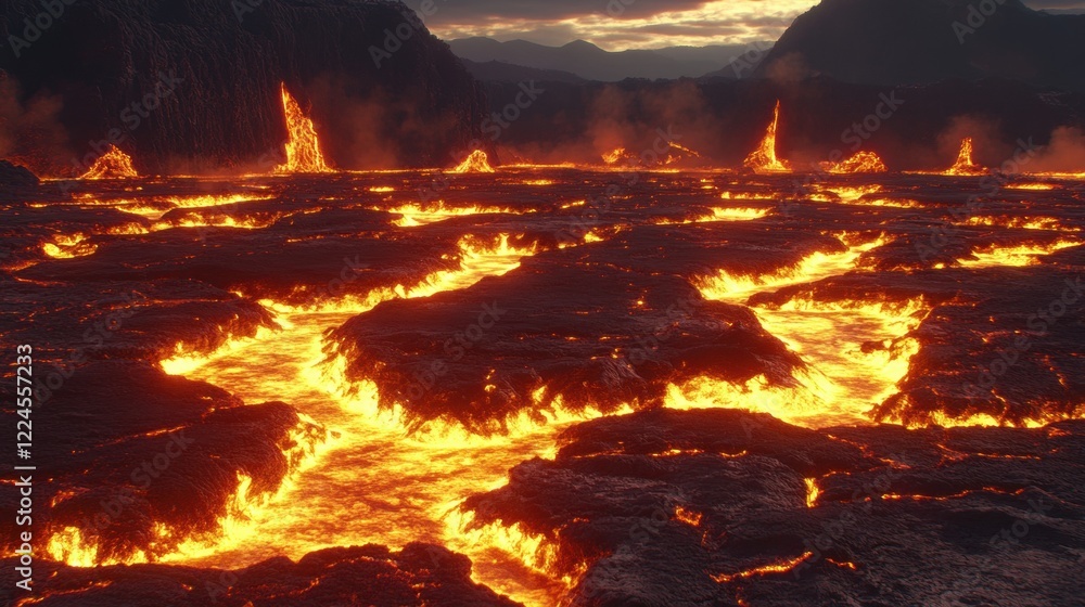 Molten Lava Flowing Through Volcanic Landscape Molten Lava Flowing Through Volcanic Landscape