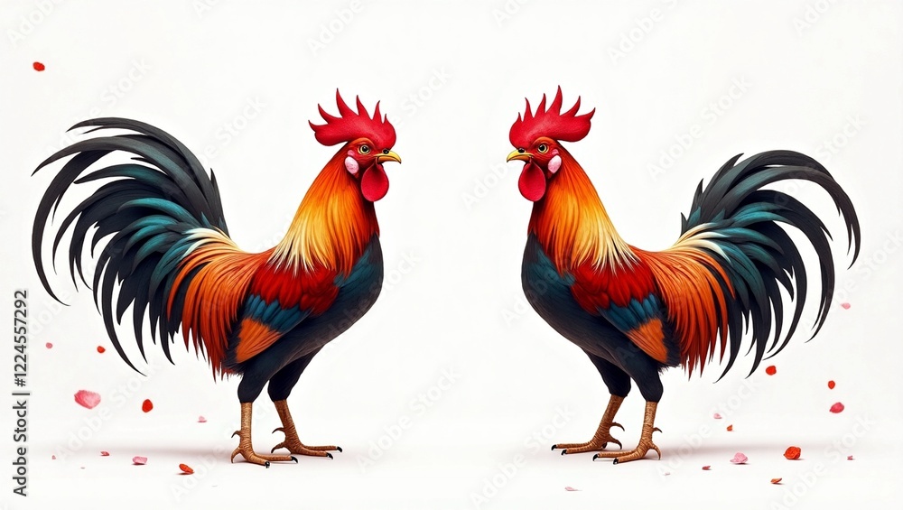 Fototapeta premium Vibrant rooster pairs in artistic display digital art wildlife studio setting front view colorful representation