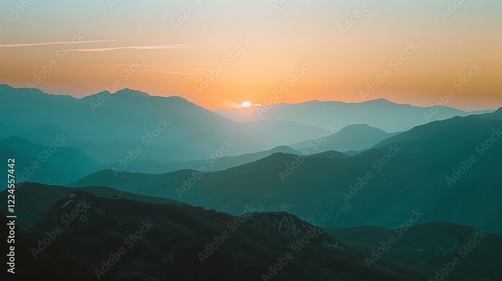 Obraz premium A beautiful, layered mountain range against a colorful sunset sky.