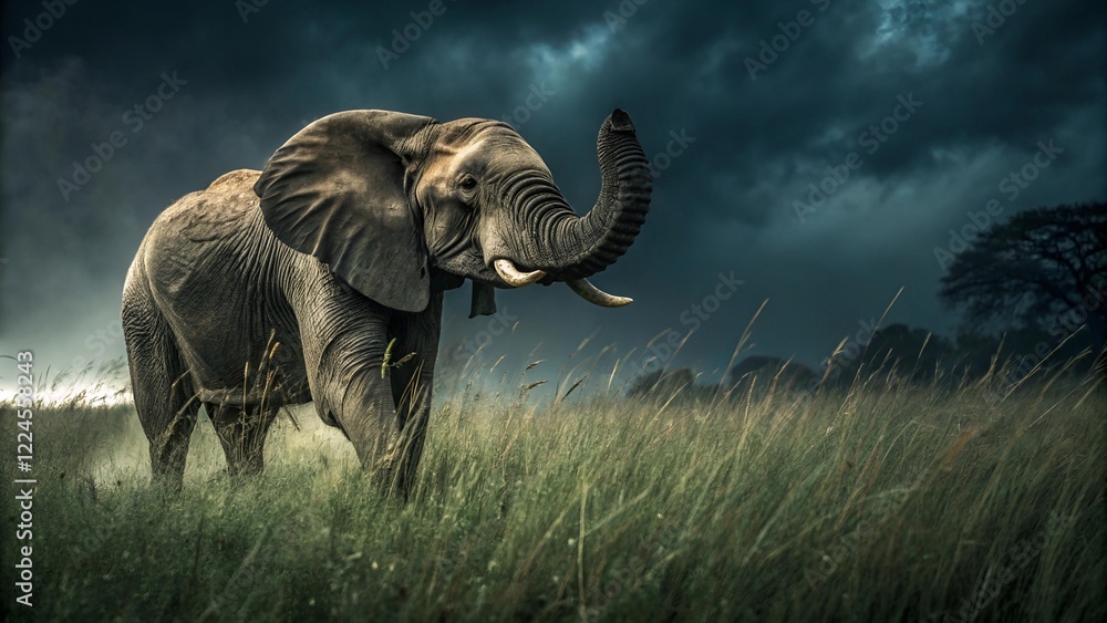 Obraz premium Majestic Elephant Standing in Heavy Rain: A Captivating Scene of Wildlife Braving High-Intensity Weather in the Wilderness.