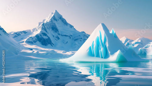 Iceberg and Snowy Mountains in Arctic Ocean