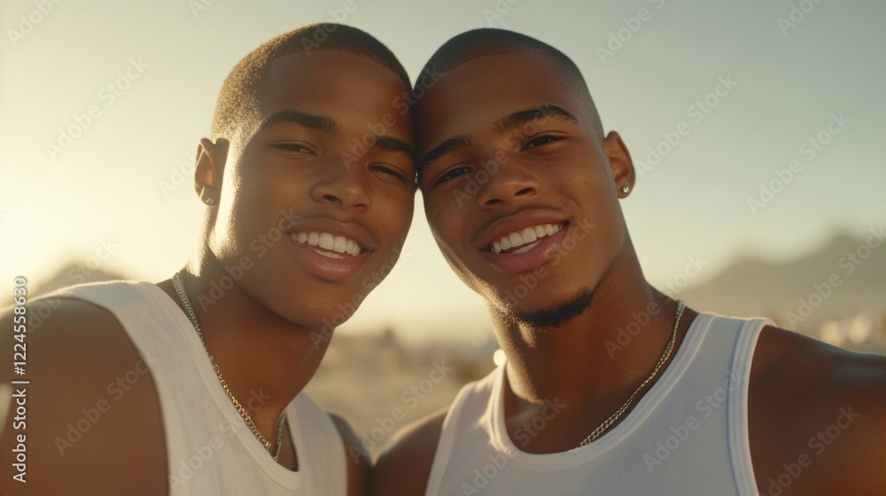 Happy Twin Brothers Smiling at Sunset Happy Twin Brothers Smiling at Sunset