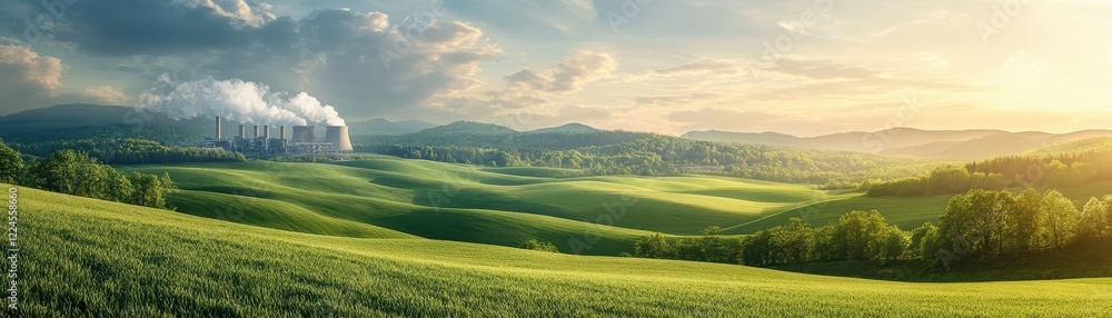 Fototapeta premium Stunning Green Landscape with Rolling Hills and Industrial Plant Under a Dramatic Sky at Sunrise