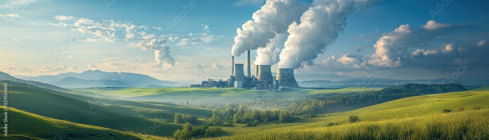 Industrial Power Plant Emitting Smoke in Lush Green Landscape with Rolling Hills and Blue Sky Industrial Power Plant Emitting Smoke in Lush Green Landscape with Rolling Hills and Blue Sky