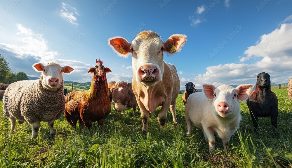 Fototapeta premium A Group of Farm Animals in a Lush Green Pasture Under a Clear Blue Sky Showcasing the Beauty of Rural Life in a Vibrant and Lively Atmosphere