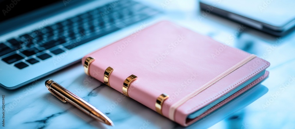 Pink Planner, Gold Pen, Laptop: A Desk Setup for Productivity Pink Planner, Gold Pen, Laptop: A Desk Setup for Productivity