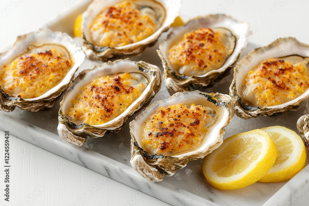 Grilled oysters: A seafood appetizer. Baked oysters with golden topping on a marble platter. Grilled oysters: A seafood appetizer. Baked oysters with golden topping on a marble platter.