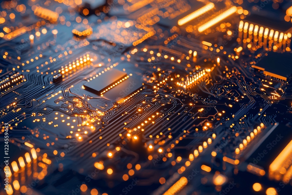 Close-up view of a vibrant circuit board with glowing components and intricate pathways, showcasing technology
