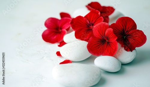 Bright Red Flowers on Smooth White Stones for Tranquil and Serene Nature Decor in Spa, Garden, and Aesthetic Setting Imagery