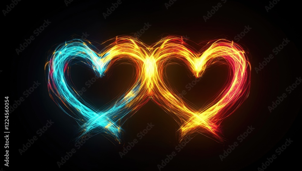 Heart-Shaped Fire with Two Fiery Glowing Neon Hearts on Black Background, Intertwined Love for Valentine's Day Heart-Shaped Fire with Two Fiery Glowing Neon Hearts on Black Background, Intertwined Love for Valentine's Day