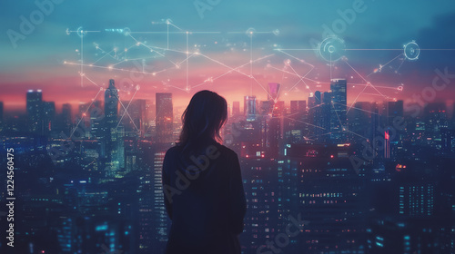 Wallpaper Mural Abstract business woman stands on Smart digital Innovation city with connection network reciprocity over the twilight cityscape. of future wireless digital city and social media networking systems Torontodigital.ca
