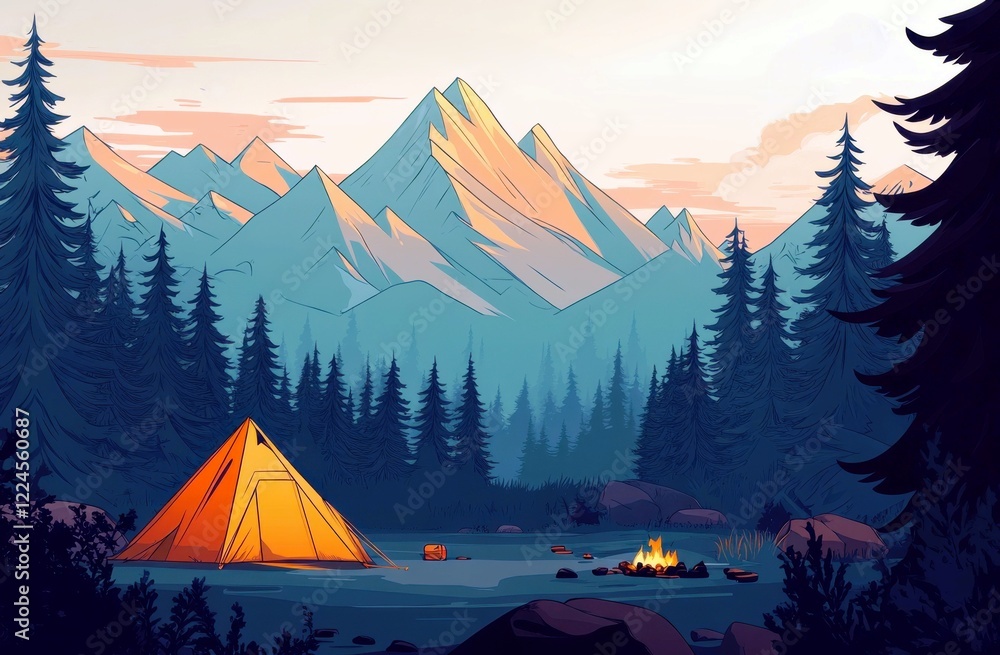Serene Mountain Camp with Tent Under Twilight Sky Surrounded by Lush Pine Trees and Majestic Peaks Reflecting Warm Colors of Sunset Serene Mountain Camp with Tent Under Twilight Sky Surrounded by Lush Pine Trees and Majestic Peaks Reflecting Warm Colors of Sunset