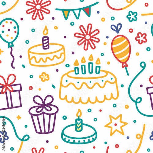 Colorful doodle birthday party seamless pattern. (2)