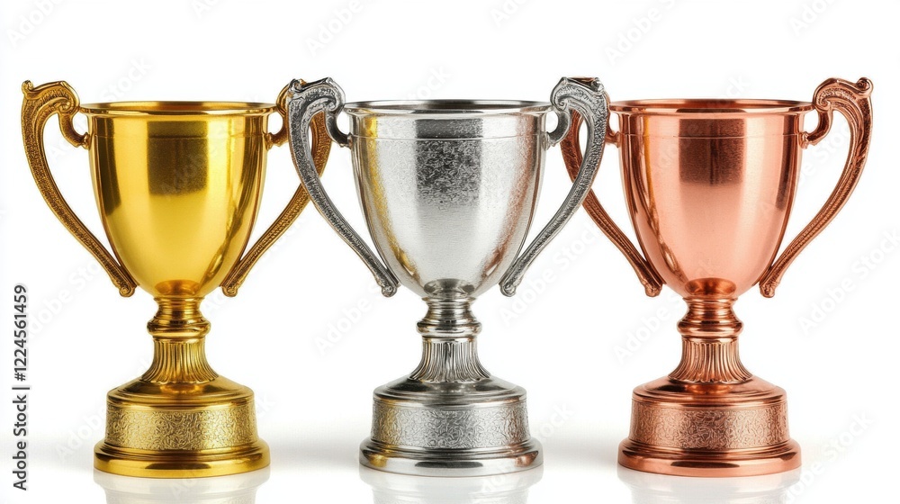 Gold, Silver, and Bronze Trophy Cups on White Background Gold, Silver, and Bronze Trophy Cups on White Background