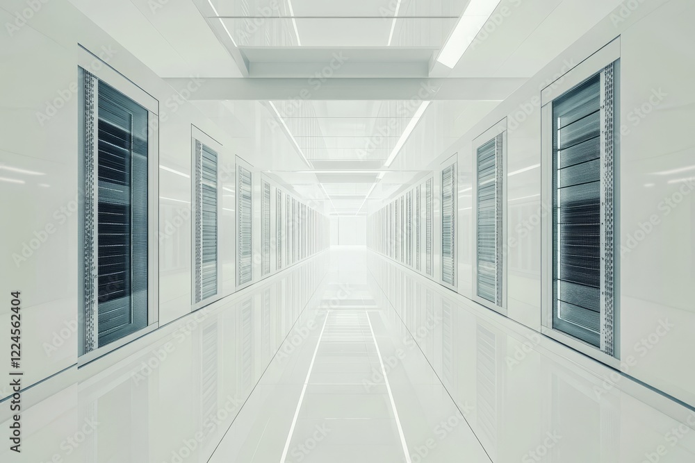 Futuristic white server room corridor. Futuristic white server room corridor.