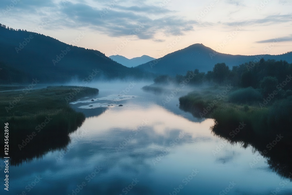 majestic mountain river valley at dawn, misty peaks reflecting in crystal clear waters, ethereal morning light