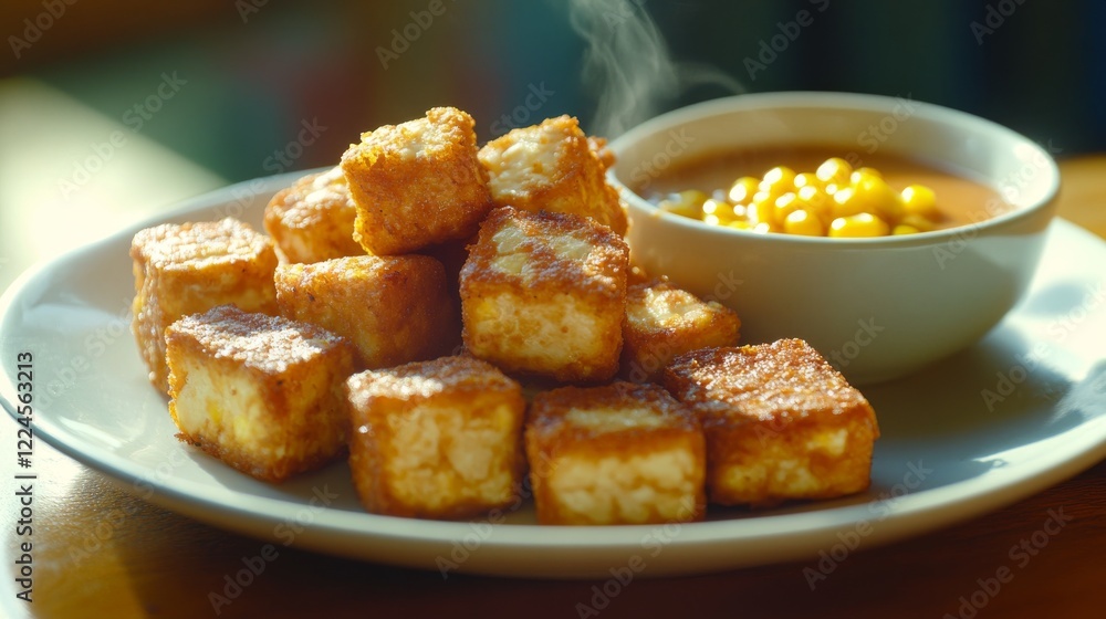artisanal fried tofu chunks, yellow corn nuggets, pristine white plate, spiced peanut sauce bowl, diffused daylight, professional food composition, bright backdrop, textural detail focus artisanal fried tofu chunks, yellow corn nuggets, pristine white plate, spiced peanut sauce bowl, diffused daylight, professional food composition, bright backdrop, textural detail focus