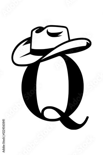 Letter Q with Cowboy Hat Western Style, Black and white illustration of the letter "Q" wearing a cowboy hat, symbolizing Western culture, rodeo themes, country lifestyle, and rustic typography.  
  

