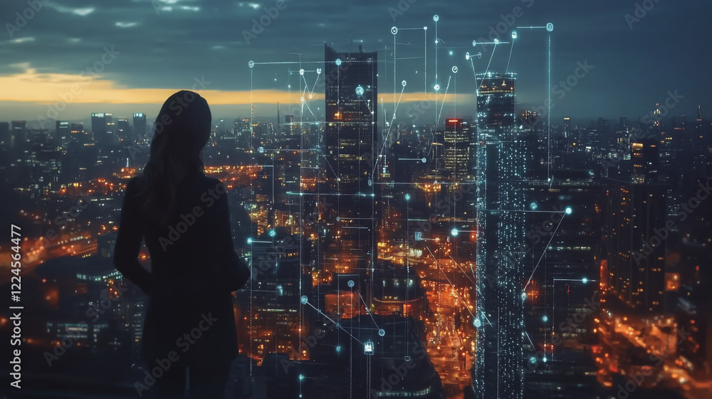 Abstract business woman stands on Smart digital Innovation city with connection network reciprocity over the twilight cityscape. of future wireless digital city and social media networking systems Abstract business woman stands on Smart digital Innovation city with connection network reciprocity over the twilight cityscape. of future wireless digital city and social media networking systems