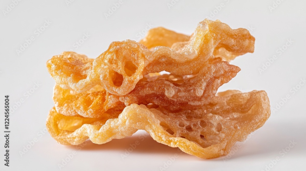 artisanal pork cracklings macro shot, light golden bubbled texture, airy curved shapes, delicate crispy surface, natural pile arrangement, soft studio lighting, clean white background, high detail artisanal pork cracklings macro shot, light golden bubbled texture, airy curved shapes, delicate crispy surface, natural pile arrangement, soft studio lighting, clean white background, high detail