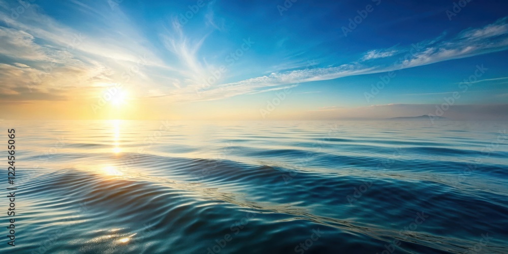 Obraz premium A serene and peaceful ocean scene with subtle sea ripples caused by the gentle morning breeze and sunlight filtering through the misty air , soft light, gentle waves