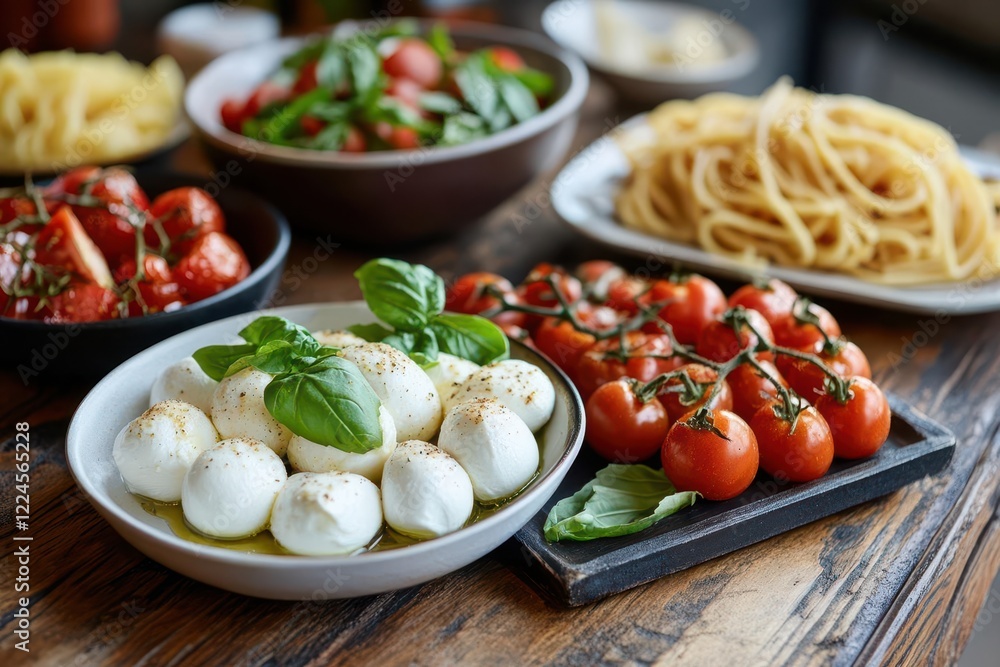 mediterranean inspired food composition with fresh mozzarella pearls, vine-ripened tomatoes, aromatic garlic, and al dente pasta arranged on rustic wooden table mediterranean inspired food composition with fresh mozzarella pearls, vine-ripened tomatoes, aromatic garlic, and al dente pasta arranged on rustic wooden table