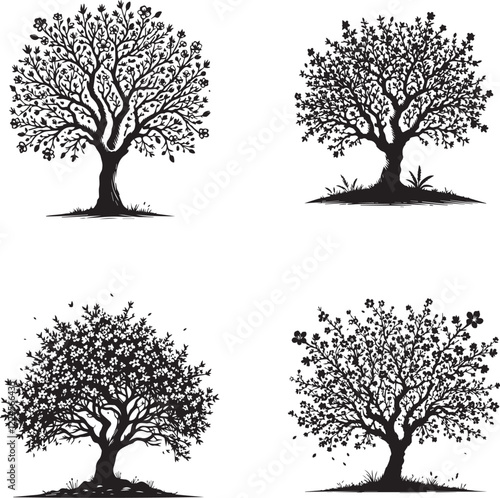 "Almond Tree Silhouettes Collection - Four Unique Designs"