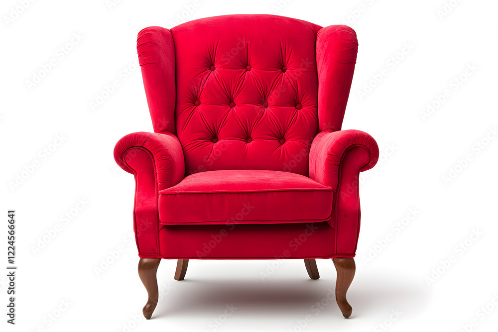 Elegant red velvet armchair with wooden legs. Santa's red velvet armchair isolated on white background Elegant red velvet armchair with wooden legs. Santa's red velvet armchair isolated on white background