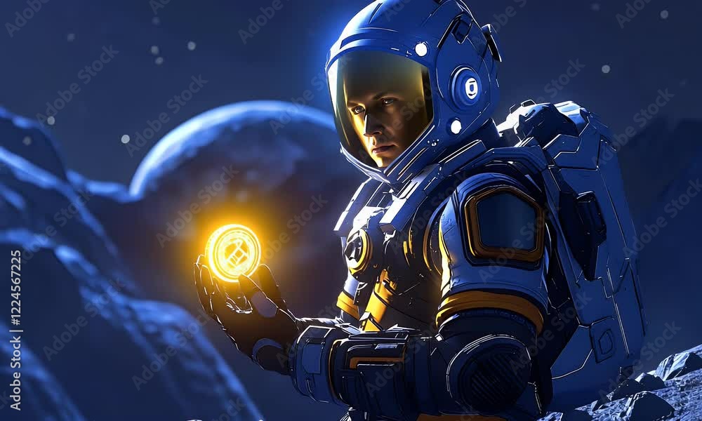 Astronaut examines glowing orb on alien moon; starry night background; space exploration concept Astronaut examines glowing orb on alien moon; starry night background; space exploration concept