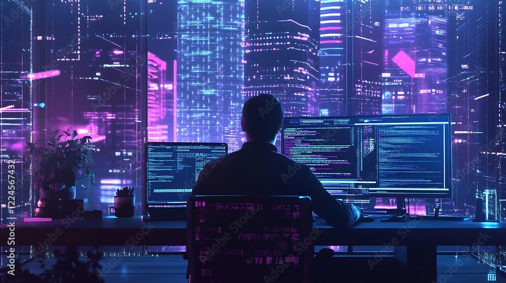 Programmer coding at night, futuristic city backdrop. Programmer coding at night, futuristic city backdrop.