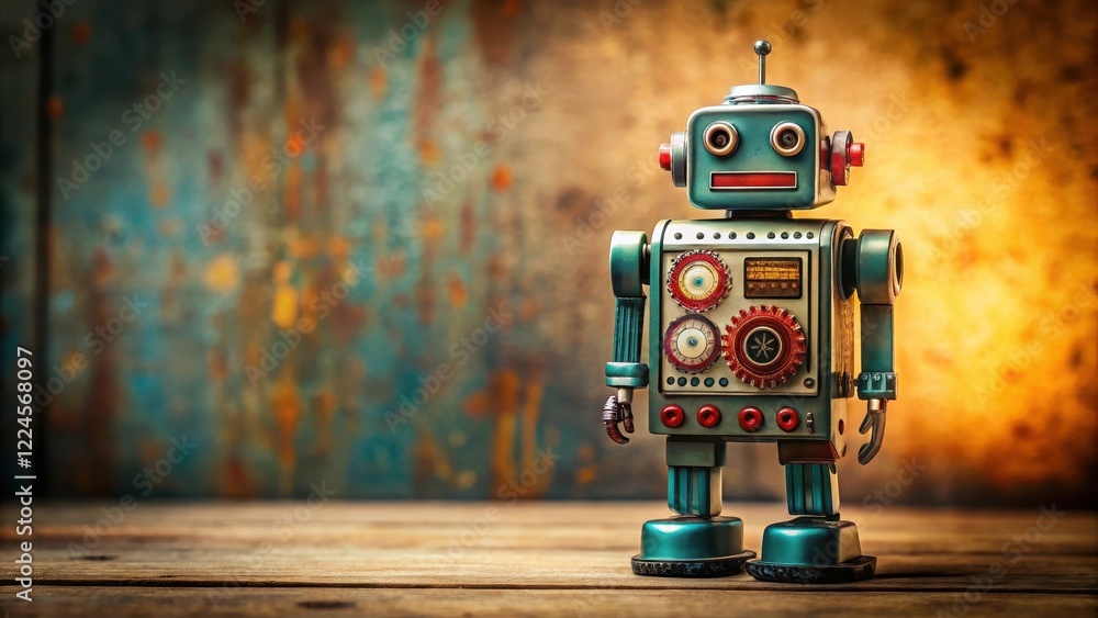 Fototapeta premium Retro metal robot toy with intricate gears and mechanical details, set against a warm vintage background , nostalgic decor, vintage toys