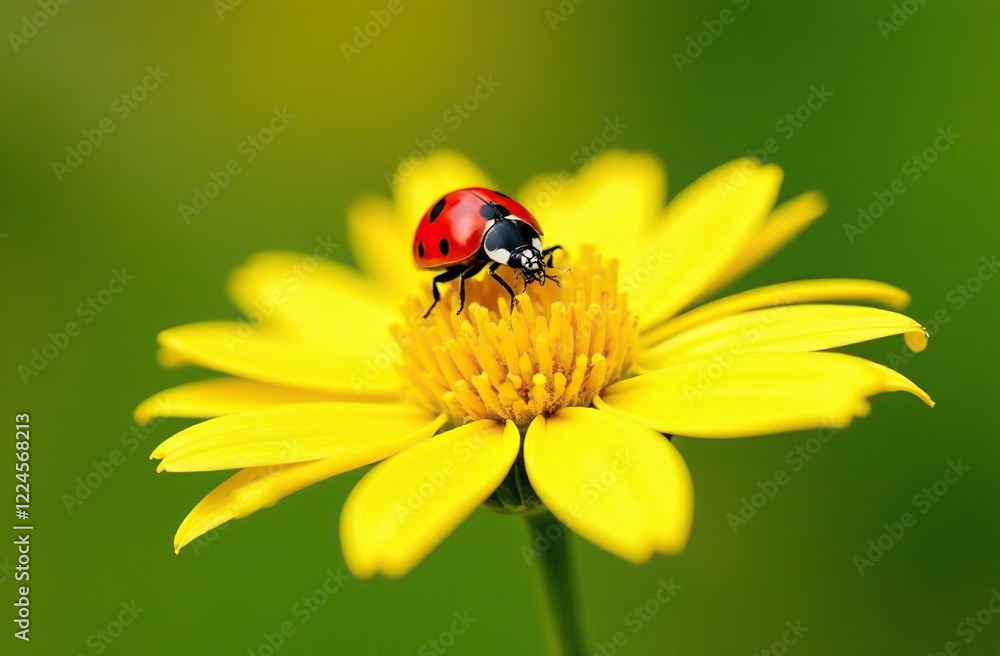Obraz premium red ladybug on camomile flower, ladybird creeps on stem of plant in spring in garden in summer