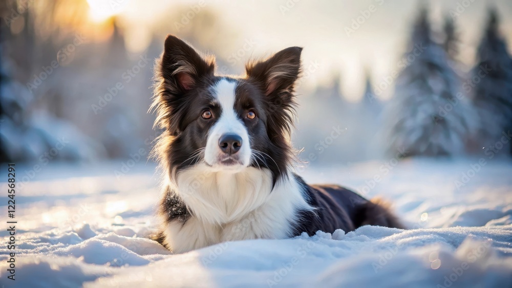 Cute dog border collie lying in the snow, snow-covered fields, outdoor pets Cute dog border collie lying in the snow, snow-covered fields, outdoor pets