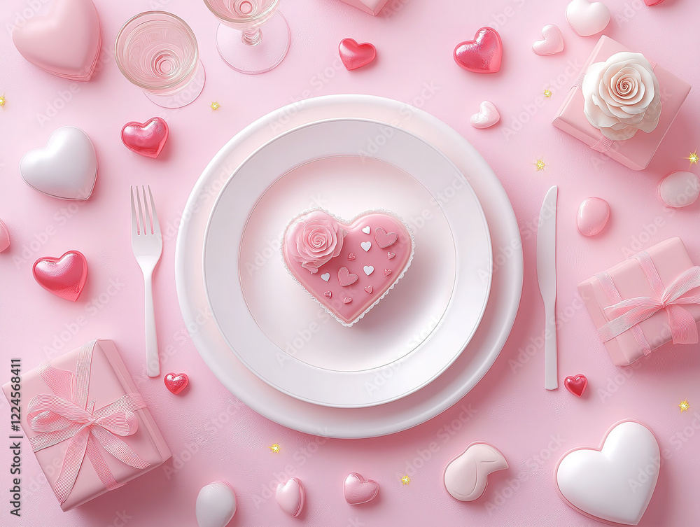 Valentine’s Day table with plates, wine, and heart decorations Valentine’s Day table with plates, wine, and heart decorations