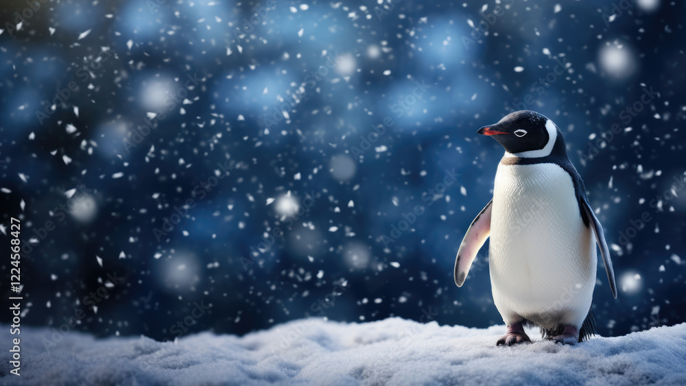 Fototapeta premium Gentoo Penguin in a Snowfall Scene