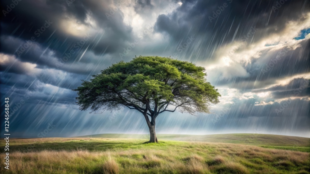 A lone tree stands strong amidst the howling wind and heavy rainfall, its branches swaying violently in the gusts , landscape A lone tree stands strong amidst the howling wind and heavy rainfall, its branches swaying violently in the gusts , landscape