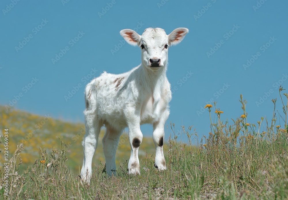 Adorable young calf standing on a lush green field with wildflowers under a bright blue sky, showcasing the beauty of rural life and farm animals in nature Adorable young calf standing on a lush green field with wildflowers under a bright blue sky, showcasing the beauty of rural life and farm animals in nature