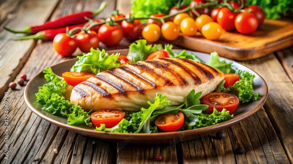 Grilled chicken fillet placed on a wooden table with fresh vegetables such as cherry tomatoes lettuce and carrots in a simple green salad dressing, salad ingredients, outdoor dining Grilled chicken fillet placed on a wooden table with fresh vegetables such as cherry tomatoes lettuce and carrots in a simple green salad dressing, salad ingredients, outdoor dining