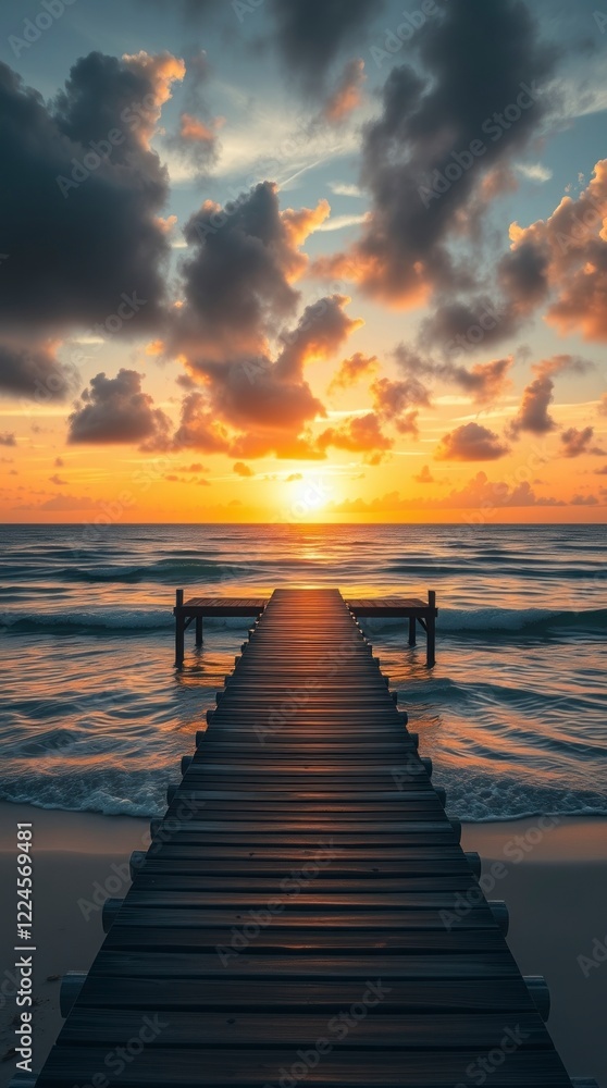 Fototapeta premium The wooden bridge in the sea at sunset is beautiful.