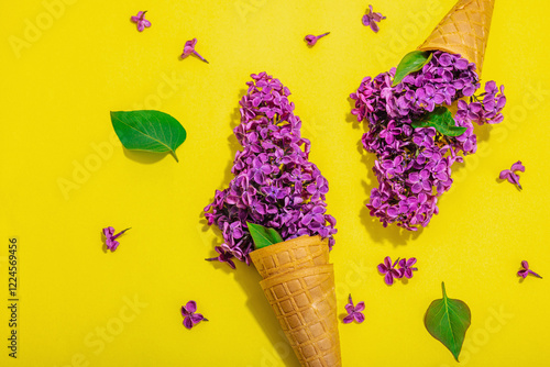 Violet lilac flowers in waffle ice cream cones on purple background. Flat lay, spring concept photo