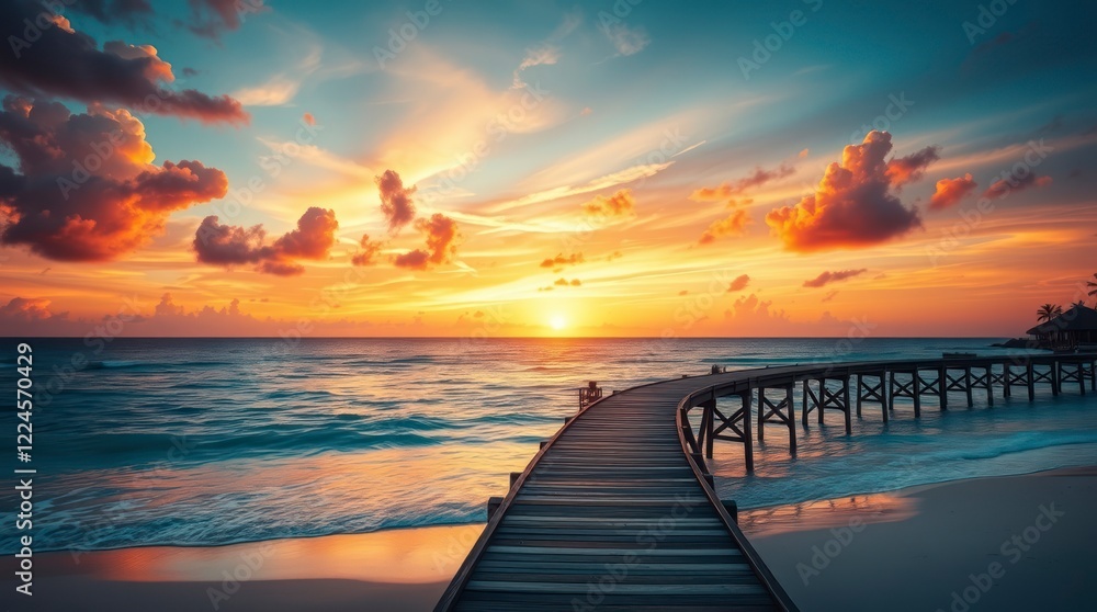 Fototapeta premium The wooden bridge in the sea at sunset is beautiful.